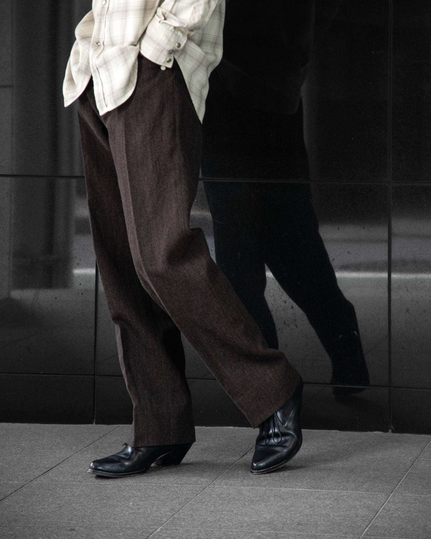 WESTERN STRAIGHT TROUSERS -WOOL LINEN HERRINGBONE-
