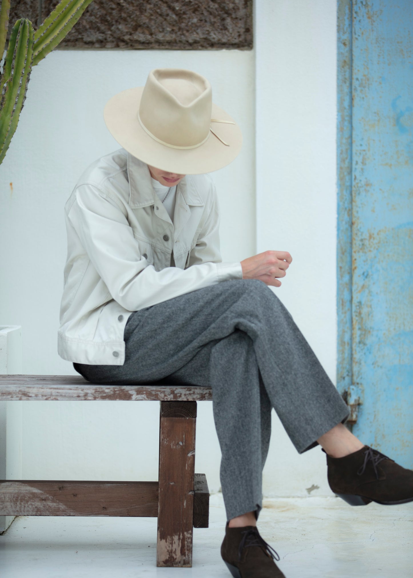 WESTERN STRAIGHT TROUSERS -WOOL NYLON TWEED HERRINGBONE-