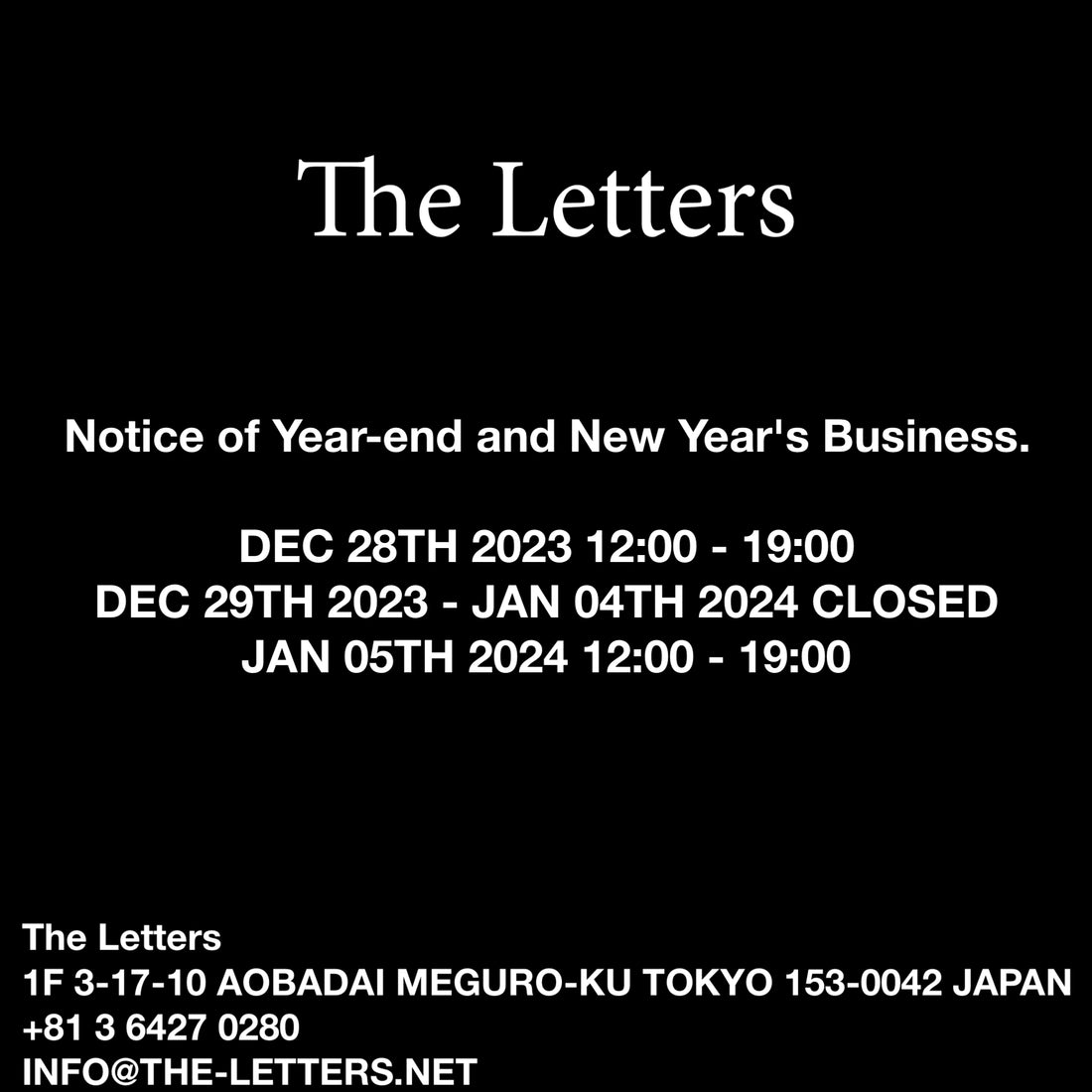 The Letters STORE 年末年始営業・発送のお知らせ。