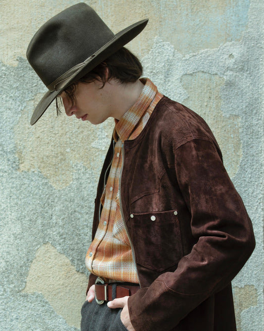 COW BOY COLLARLESS JACKET  -CALF SUEDE-