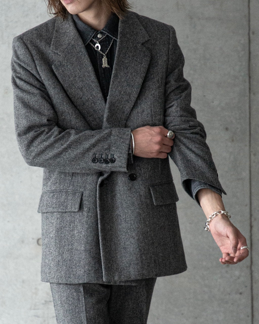 CLASSICAL DOUBLE BREASTED JACKET -WOOL NYLON TWEED HERRINGBONE-