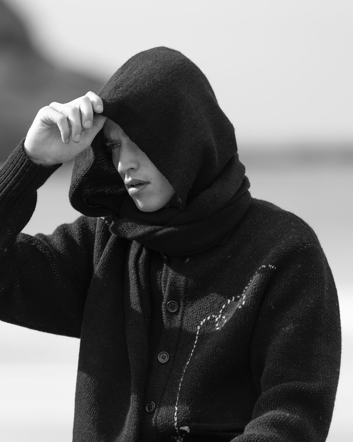 5G HOODIE FRINGE SCARF KNIT -SHETLAND WOOL LINEN-