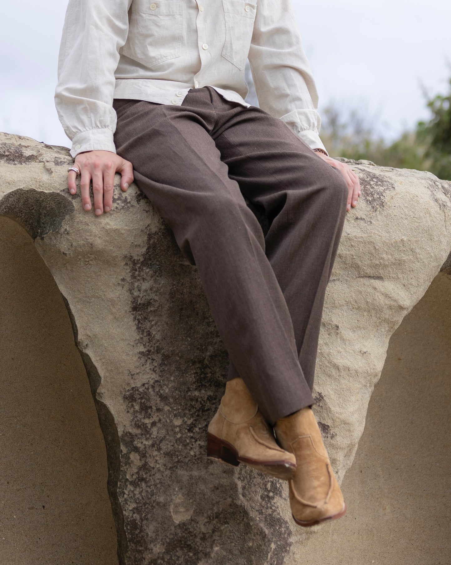 WESTERN STRAIGHT TROUSERS -WOOL LINEN HERRINGBONE-